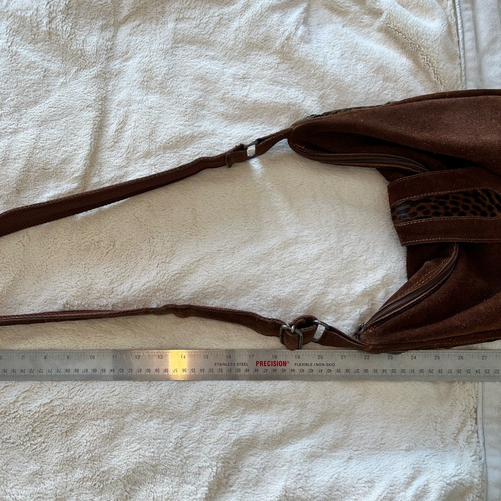 Italian Brown Suede Boho Crossbody Bag with Leopard Fur Accent - Picture 16 of 16